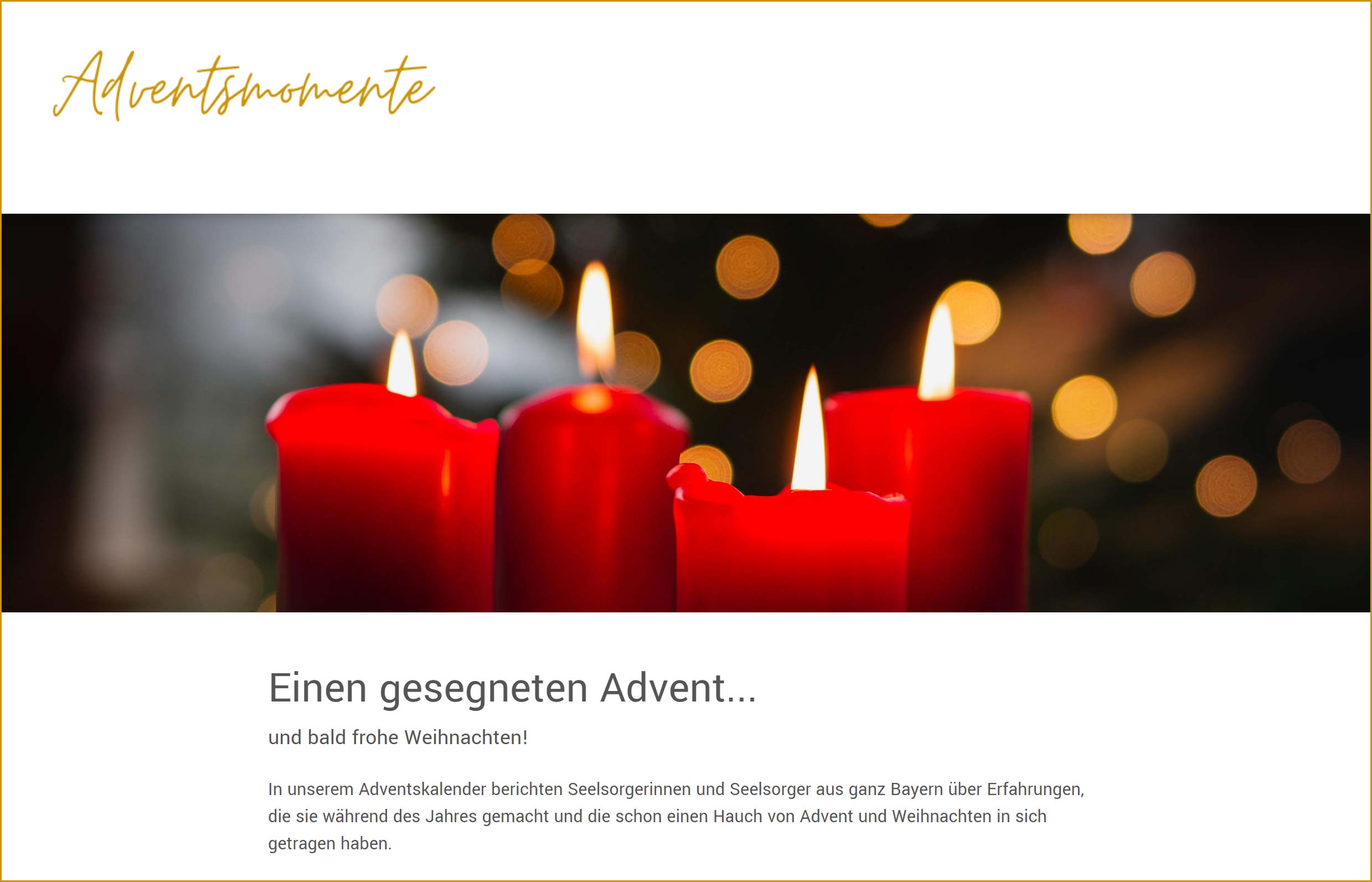Bis Heiligabend werden unter <a href='http://www.adventsmomente.de' target='_blank'>www.adventsmomente.de</a> 24 Texte veröffentlicht, die einen tiefen Einblick in den seelsorglichen Umgang mit Menschen erlauben. Shot der Startseite der Homepage der Adventsmomente