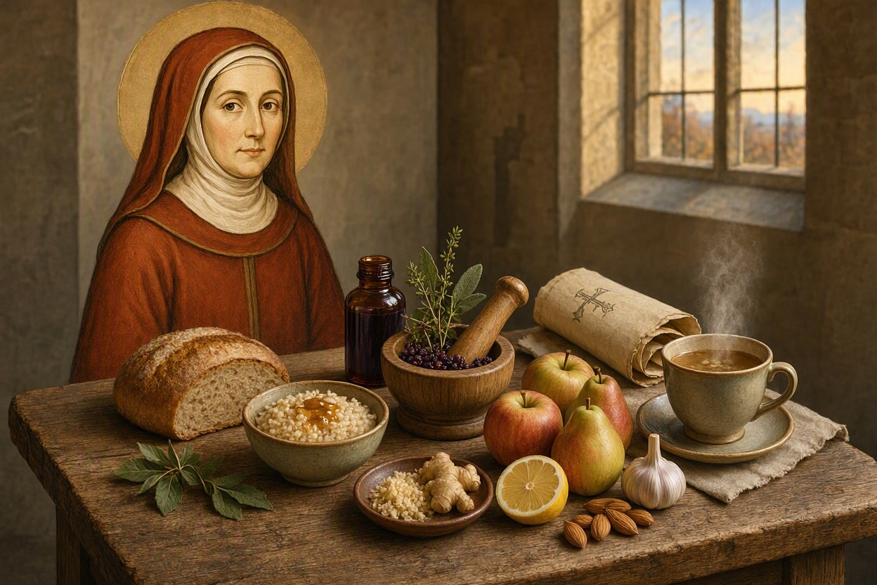 Vortrag Hildegard von Bingen Hildegard von Bingen an einem Tisch mit Lebensmitteln